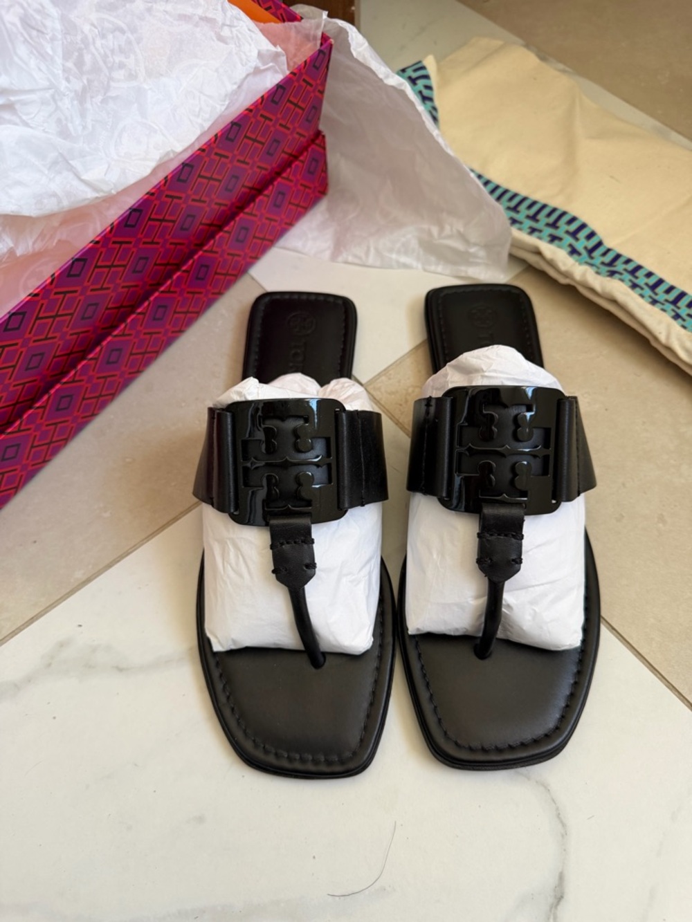 Tory Burch Black Leather Logo Thong Sandals